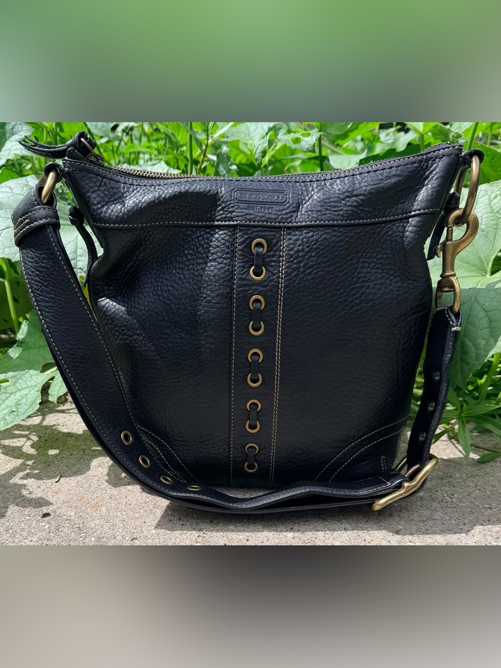 Coach Chelsea Laced Duffle 10399 Black Pebbled Leather Crossbody Shoulder Bag